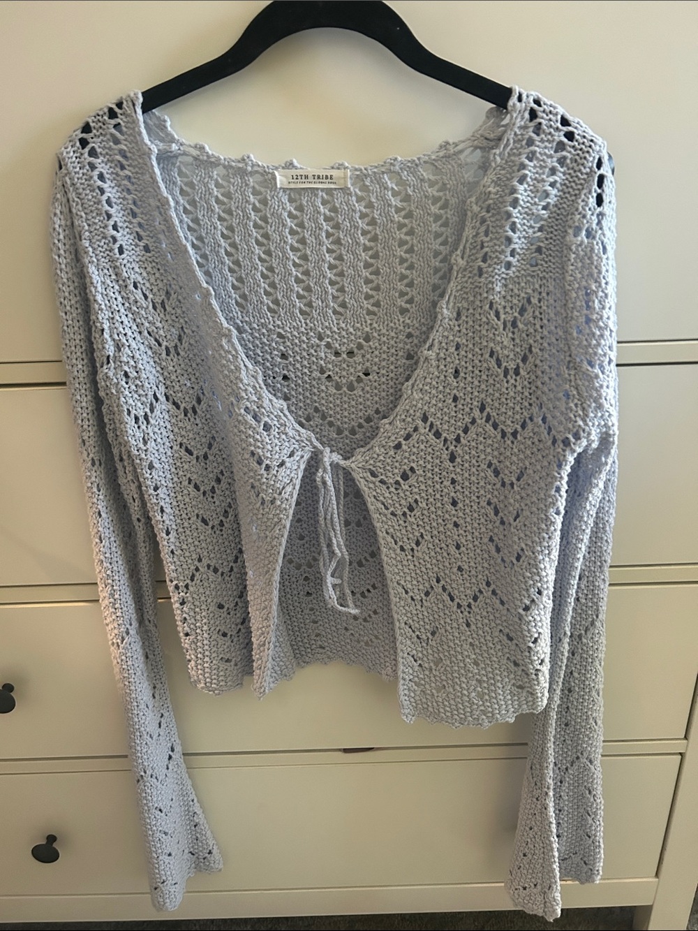 12th Tribe Light Blue Openwork Cropped Tie-Front Cardigan